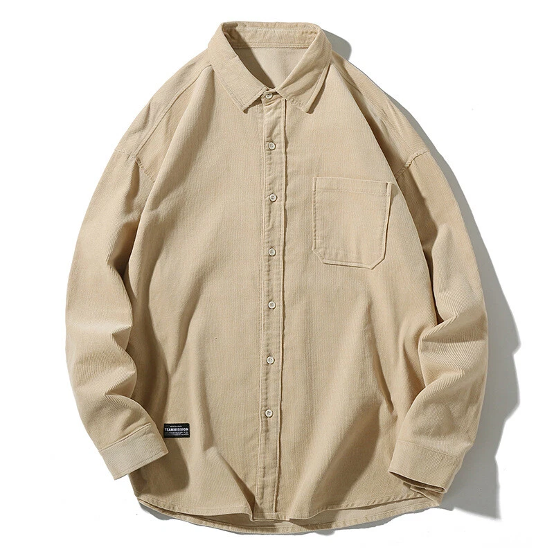 Men's Corduroy Casual Shirt Tops Solid Long Sleeve Loose