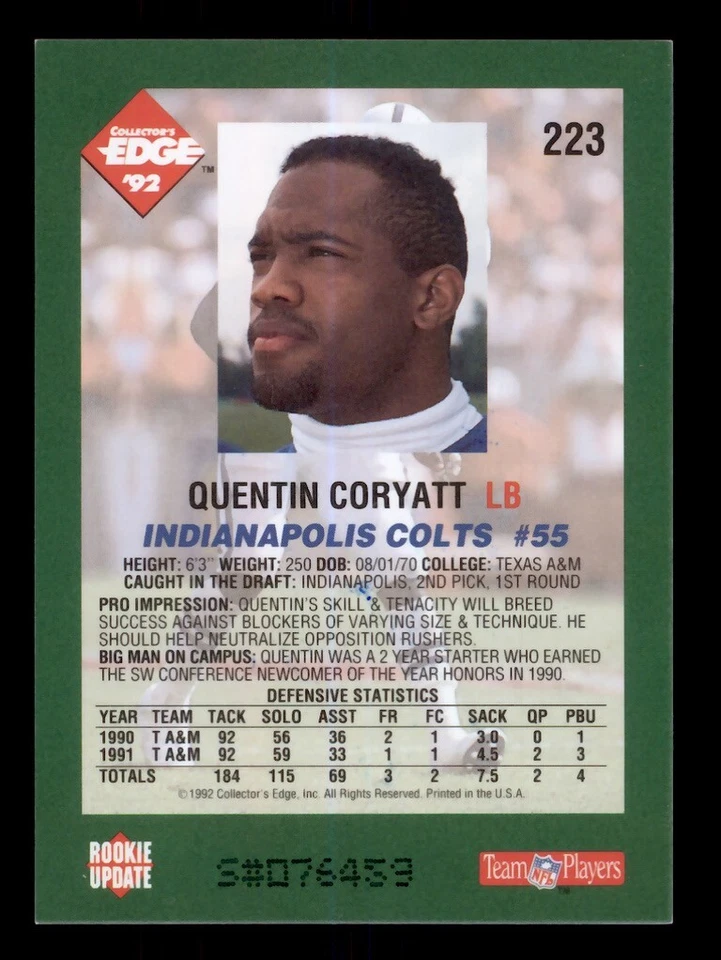 SIGNED 1992 COLLECTOR'S EDGE #223 QUENTIN CORYATT AUTOGRAPH INDIANAPOLIS COLTS - Image 2 of 2