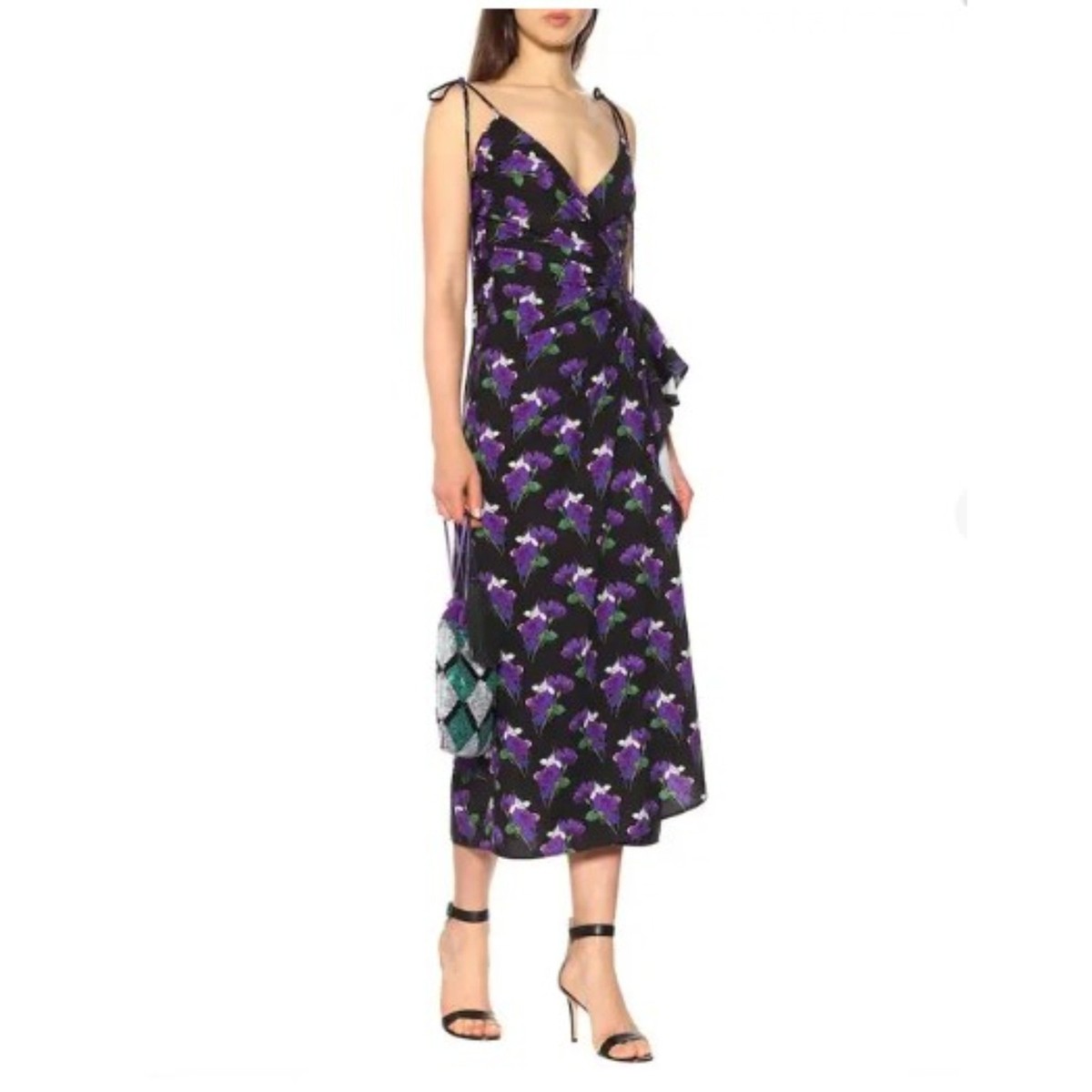 NWT Attico Women Floral Printed Wrap Dress Black Purple Size 40
