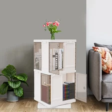 2-Tier Rotating Bookshelf PP Material 360 Bookcase Freestanding Storage Rack