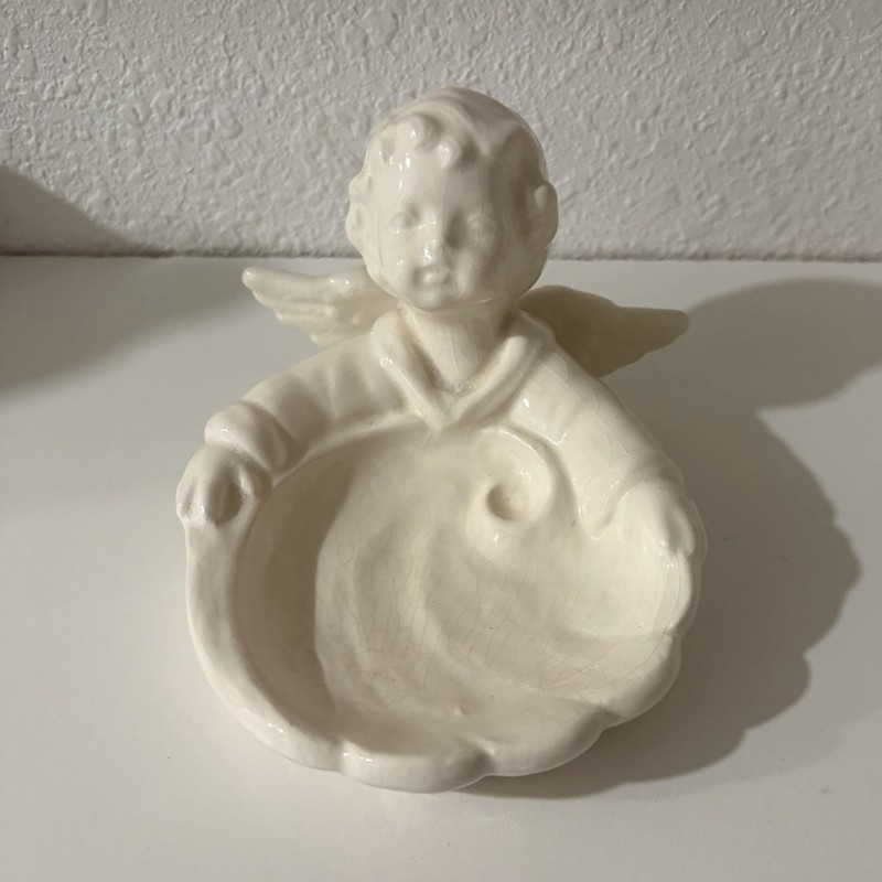 White Glazed Ceramic Angel Cherub Figurine Trinket Dish Holder
