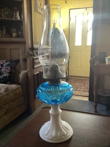 Beautiful Antique Oil Lamp Blue Fount W/ Milk Glass Base