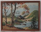 1950s Framed Glass Paint By Number Countryside Stream Barn Landscape Art — photo 1