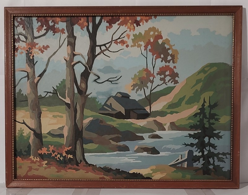 1950s Framed Glass Paint By Number Countryside Stream Barn Landscape Art