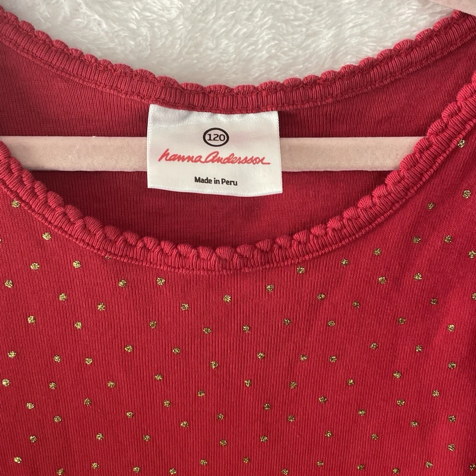 Top Hanna Andersson Talla 6/7 (120) Rojo y Dorado Lunares Brillo Manga Larga Foto 3 de 4