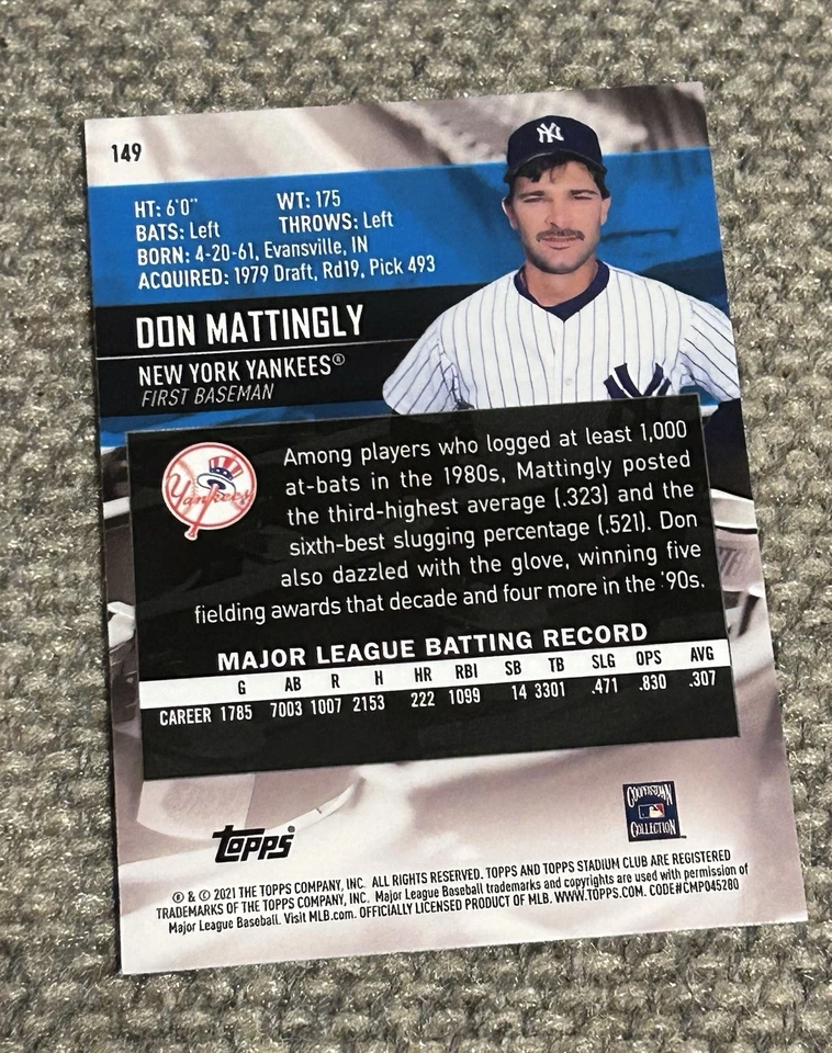 2021 Topps Stadium Club Chrome Refractor Don Mattingly #149 New York Yankees - Image 2 of 2