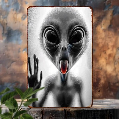 Retro Alien Visage Aluminum Sign 8x12 Funny Oversized Eyes Mouth Design