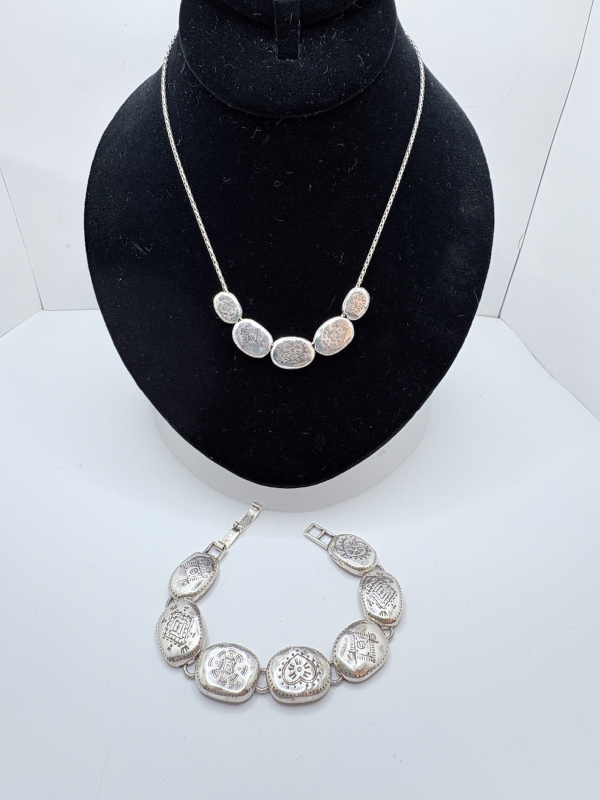 Brighton Del Rio Silver Etched Panel Necklace and Link Bracelet Set with Oval Links