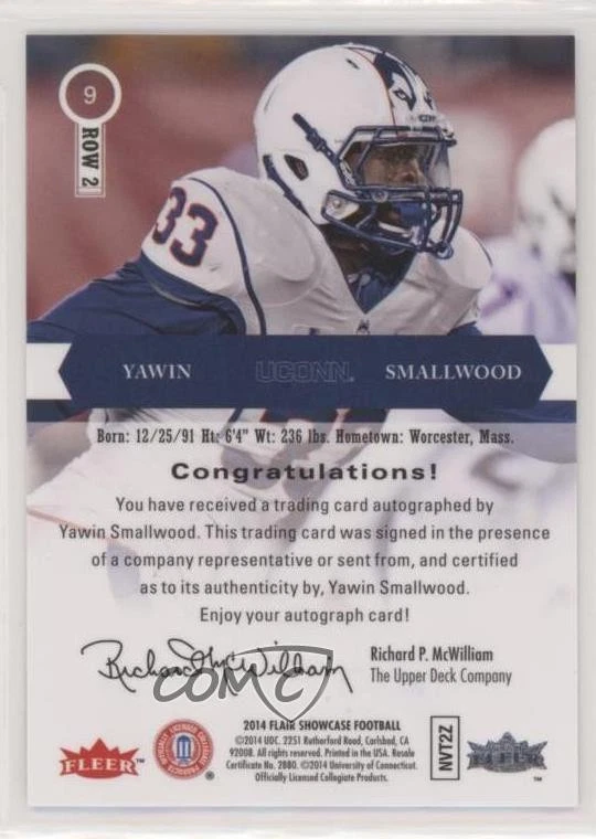 2014 Flair Showcase Auto Row 2 Yawin Smallwood #9 Rookie Auto RC - Image 2 of 2