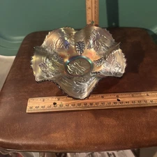Vintage Fenton Carnival Ruffled Edge Marigold Leaf And Grape Bowl