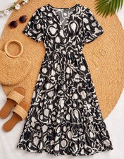 Boho Coastal Cottagecore Tiered Midi Dress 3X Black White Plus Size Chic