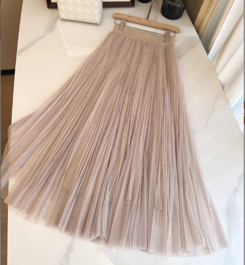 Women’s Long Pleated Tulle Skirt Beige Solid Elastic Waist Pull On Size L