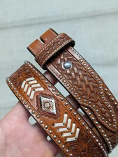 vintage STUDDED buckle belt TOOLED leather 32 brown CONCHO western COWBOY y2k