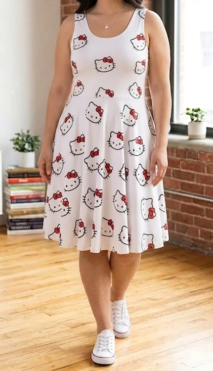 hello kitty dresses for women Sanrio Women's All Over Print Tank Top Adult Casual Spring A-Line Skater Dress (White, X-Small) at Amazon Women's Clothing store and fearless creativity Girl Oversized Pink Dress Sanrio