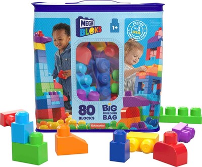 MEGA BLOKS First Builders Blocks Toys Set, Big Building Bag with 80 Pieces an...