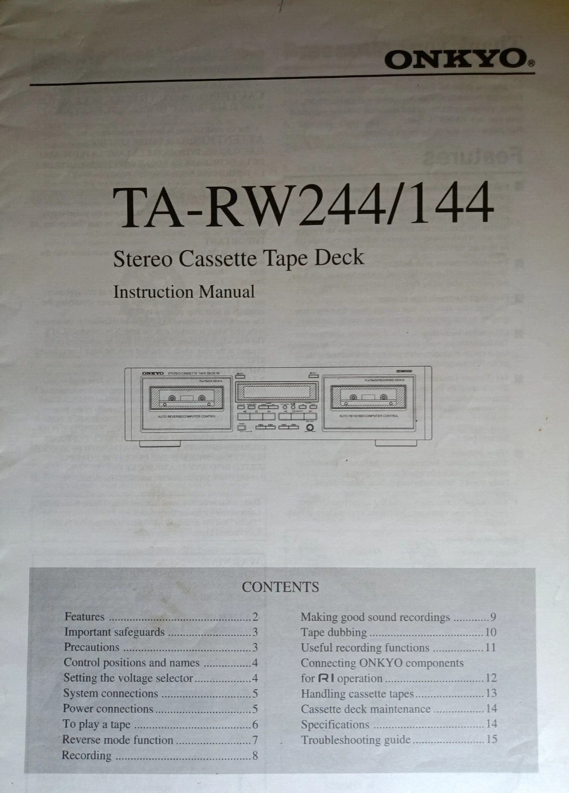 Onkyo TA-RW144 TA-RW244 Cassette Deck Owners Manual Original