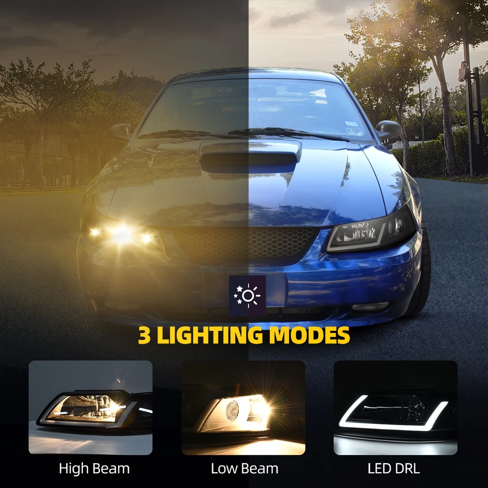 For 99-04 Ford Mustang GT SVT Cobra LED DRL Black Headlights Headamps Pair Set - Image 2 of 4