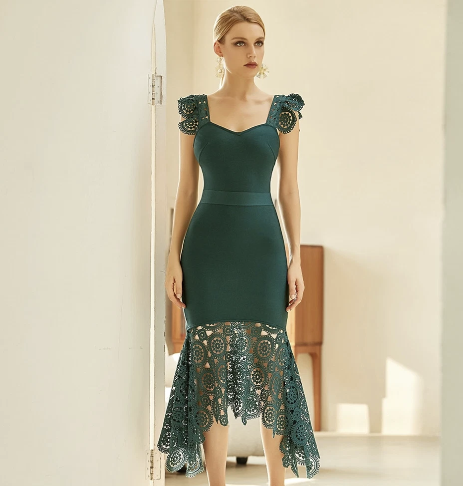 NEW DESIGNER COUTURE DARK FOREST GREEN LACE BANDAGE MIDI DRESS EMBROIDERED