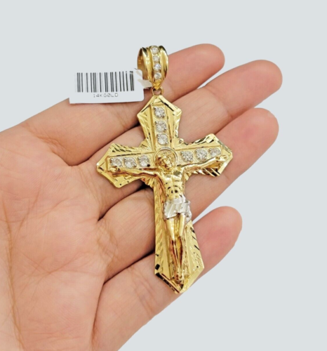 14k Yellow Gold Cross Jesus Crucifix Pendant 3 Inch 14kt CZ Charm Mens REAL 14kt - Afbeelding 1 van 7