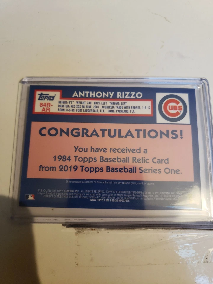 2019 Topps 1984 35 Anniversary Game Used Jersey Anthony Rizzo Cubs - Image 2 of 2