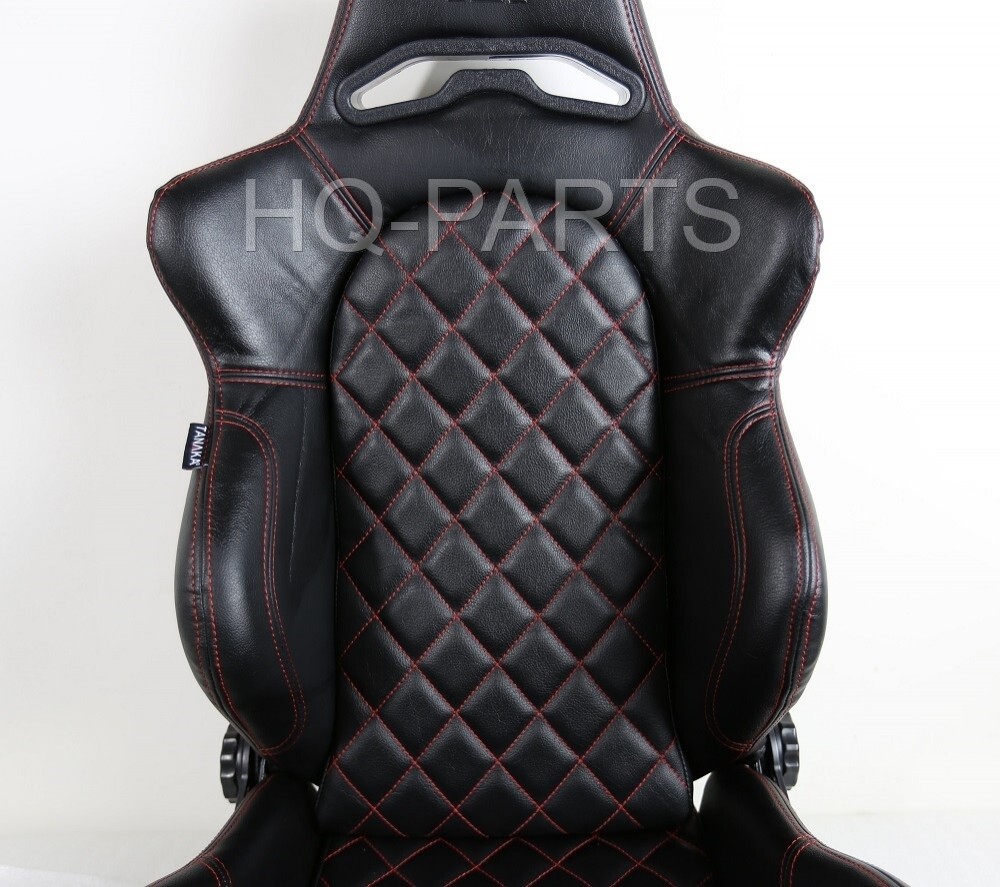 2 X TANAKA BLACK PVC LEATHER RACING SEAT RED DIAMOND STITCH FITS