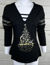New C.O.Z.Y Women’s Black Christmas Tree Long Sleeve Shirt Size Medium A6001