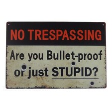 No Trespassing Are You Bullet-Proof or Just Stupid Metal Tin Sign 11 3/4 inch