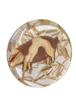Pig Trivet 8'' Lucite Resin Hay Straw Wood Farm Decor Barnyard Hog Round Vintage