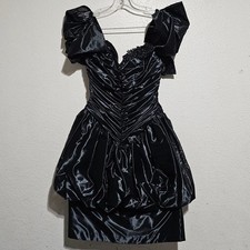 Vintage 80s Vamp Stepppin Out Black Dress USA Polyester Acetate Bubble Applique