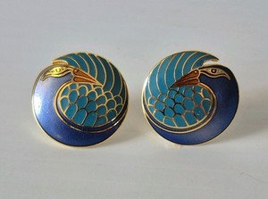 Authentic Laurel Burch Mynah Bird Cloisonne Clip On Earrings Gold Plated Enamel 80's Vtg