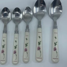 Set of 5 Stainless China Floral Spoons Cream Handles Vintage Kitchen Dining
