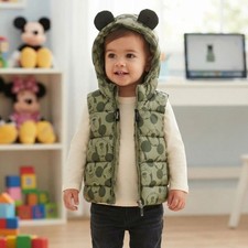 H M Disney Mickey Mouse hooded puffer vest green zip 3D ears toddler 2T NWOT