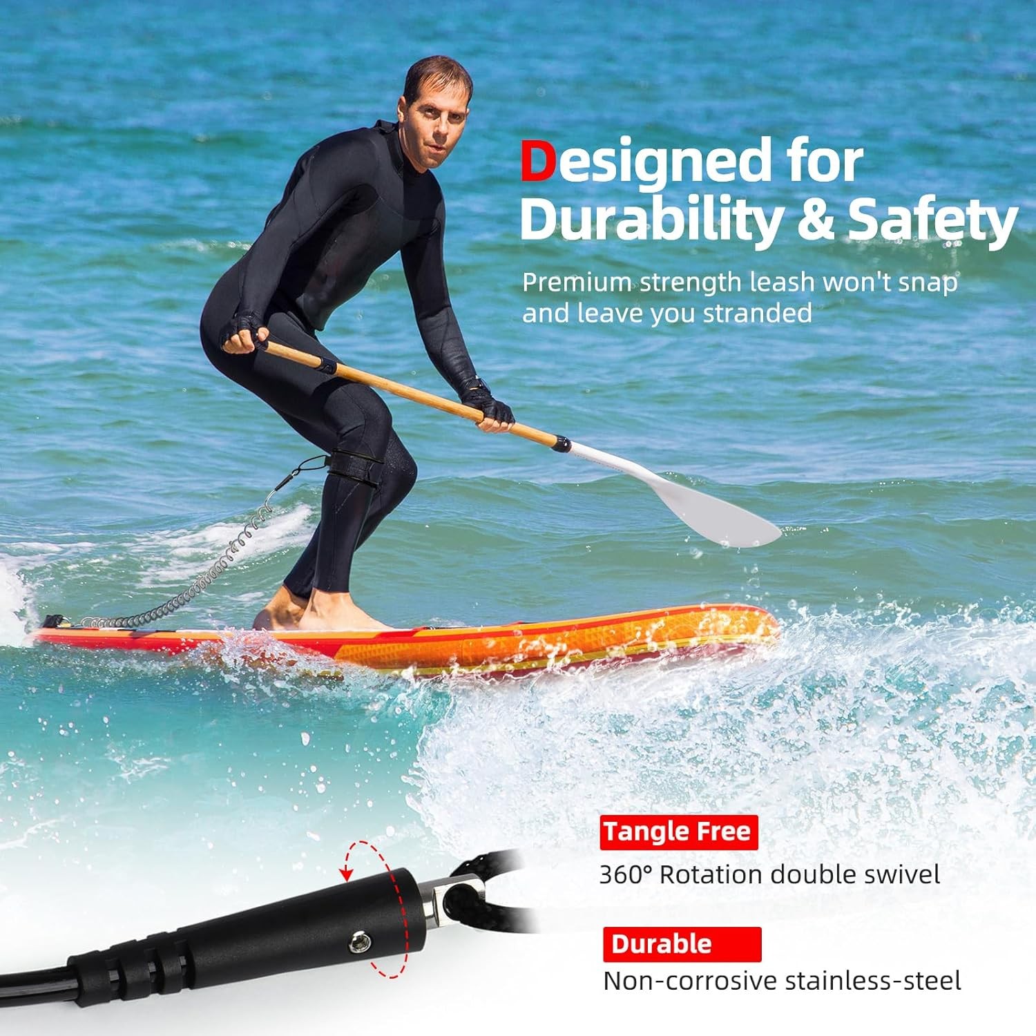Coil SUP Leash 10 FT Coiled Paddle Board Black Lite for Surfing
