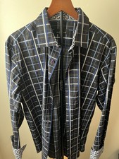 Bugatchi Uomo Long Sleeve Button Up Blue Checkered Dress Shirt Size Men s Large
