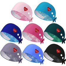 8 PCS Satin Lined Scrub Caps Nurse Hats Buttons Sweatband Adjustable Women