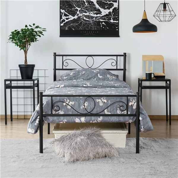 3ft Single Metal Bed Frame Iron Platform Bed w Headboard Slatted Support Black