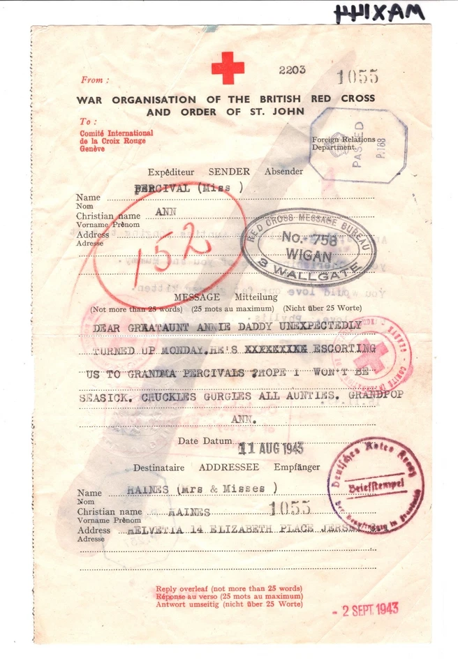 GB Channel Is WW2 RED CROSS Message 1943 Wigan WALLGATE Jersey *BAILIFF* MAX144 - Image 4 of 4