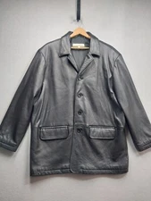 Perry Ellis Genuine Lambskin Leather Jacket Mens XL Black Button Up Lined Coat