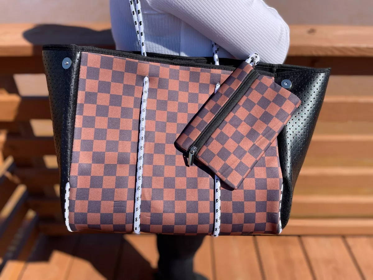 Neoprene Tote Bag | Large Tote Bag | Beach Travel Bag | Brown Checker