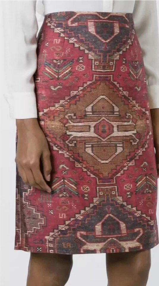 Tory Burch Aztec Print Wool Silk Geometric Print Pencil Skirt Southwestern Sz 4