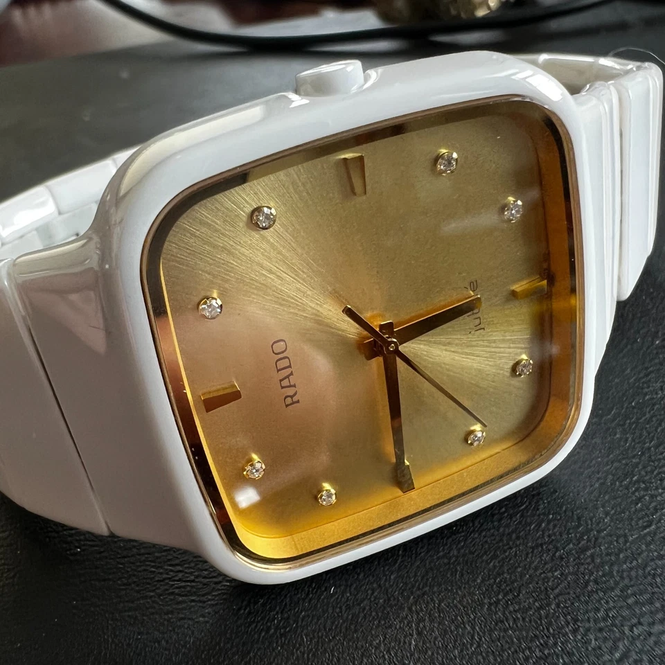 Reloj de pulsera Rado Jubile de cerámica blanca para dama esfera dorada con diamantes 36 mm Foto 2 de 4