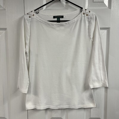 Lauren Ralph Lauren White Cotton Boat Neck Top Size Large