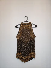 VTG Mark & John Gopal Womens L Tank Blouse Sequins Gold Sparkly Black 100% Silk