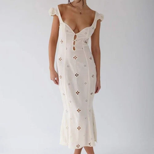 OFF WHITE Abito donna francese retrò sexy cotone cavo collo quadrato manica corta gonna fianchi