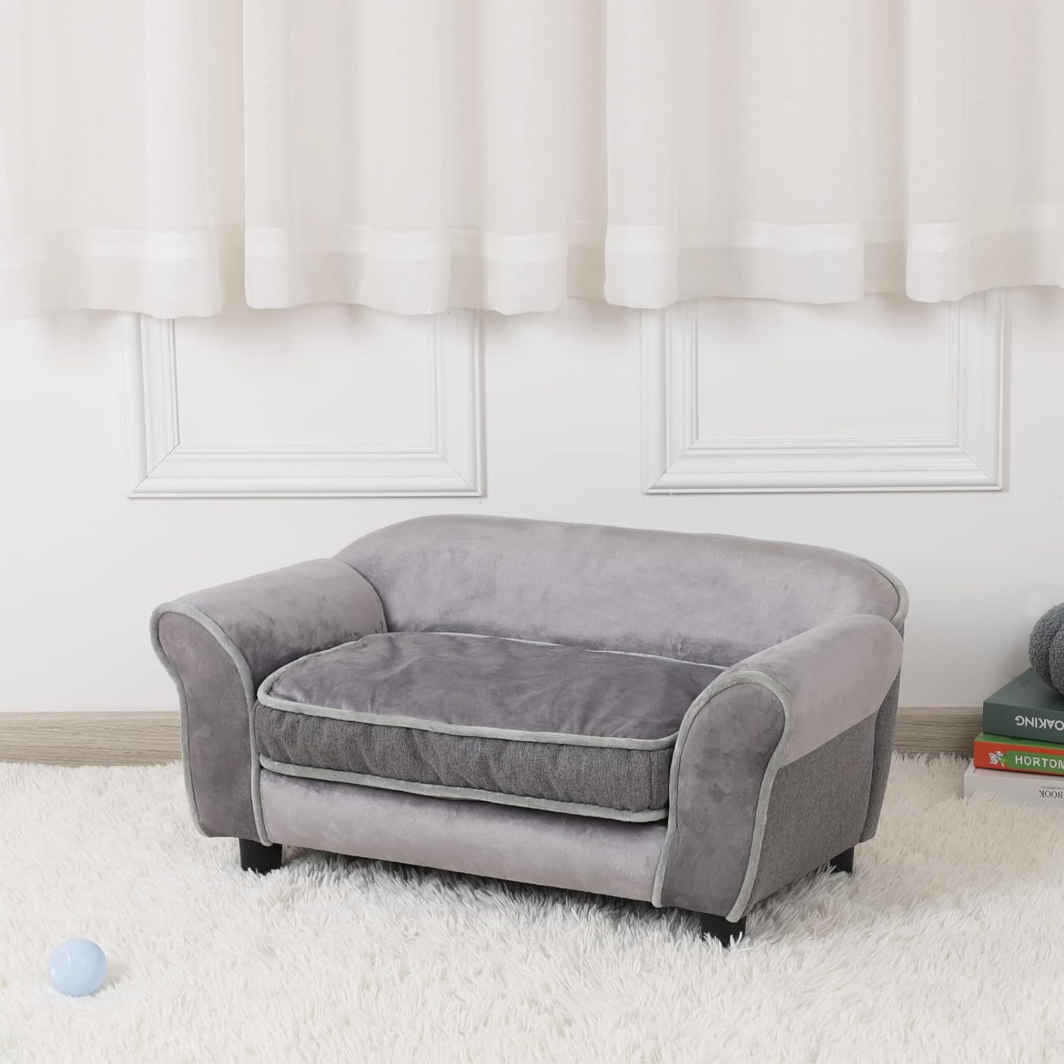 Small Dog Sofa Bed, Velvet Cat Couch with Washable Cushion & Plastic