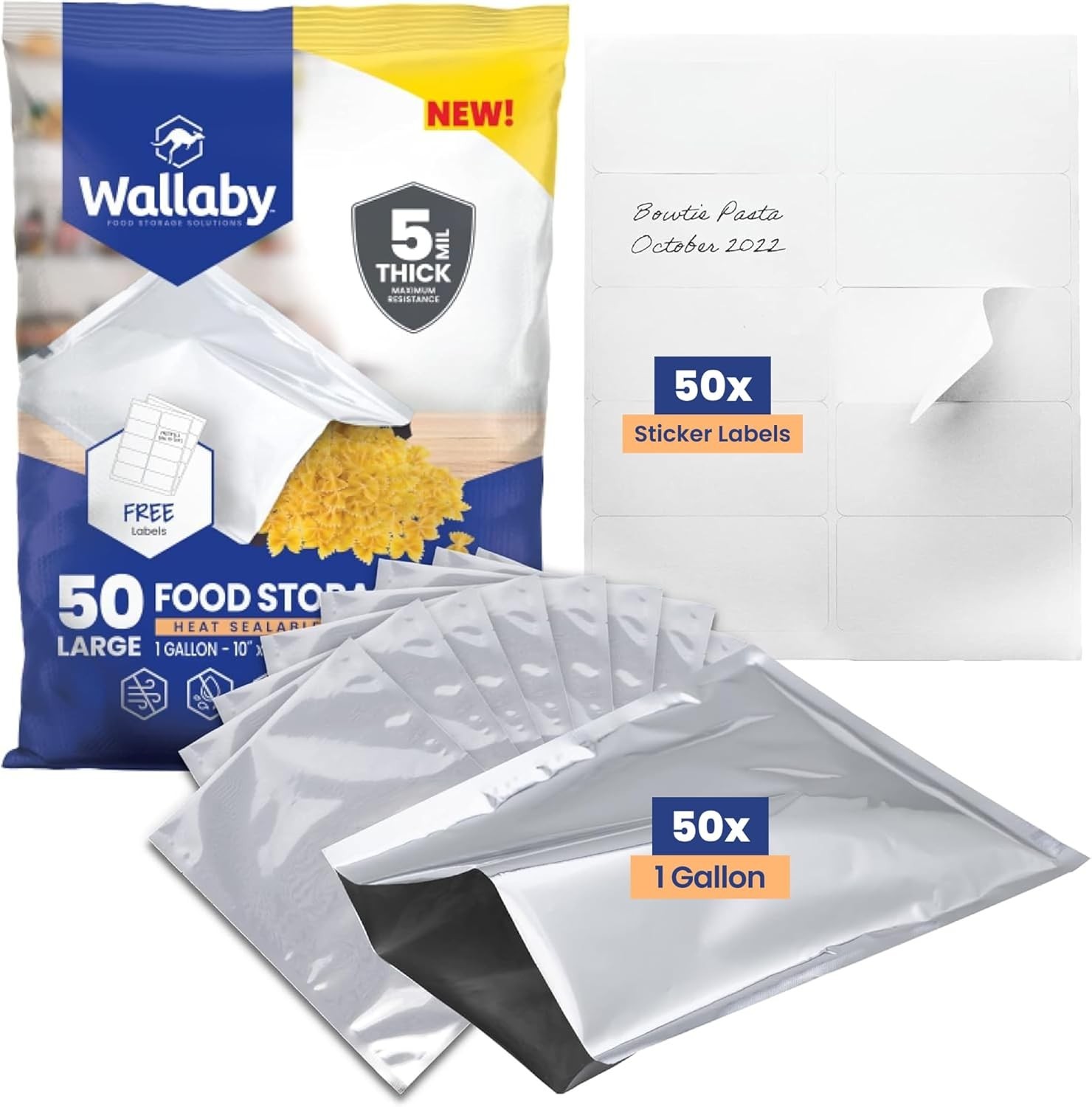 50ct 1-Gallon Mylar Bags 10x14 10Mil w/ Labels Airtight Food Storage - Silver