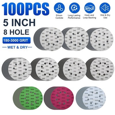 100x 5''Sanding Disc 180-3000Grit Hook Loop 8-Hole Sandpaper Orbital Sander Paper