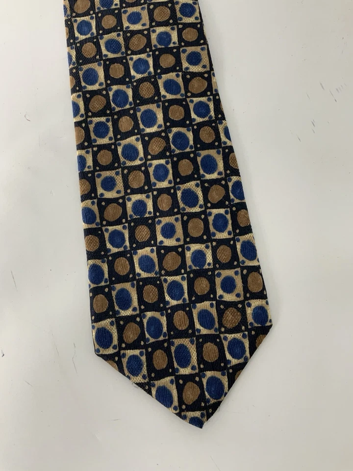 Saks Fifth Avenue Necktie Brown Blue Geometric Silk Hand Made In USA YGI S5-114 - Image 3 of 4