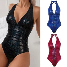 Sexy V-Neck One Piece Swimsuit Women Glitter Snakeskin High Waisted Bathing Suit