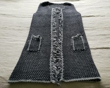 Vintage Handmade Crochet Granny Long Vest Cottagecore Boho Fringe Dark Gray Grey